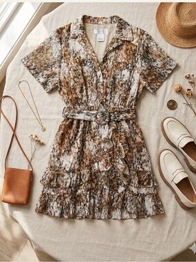 Steele "Dahlia" Belted Mini Dress in Feather Print